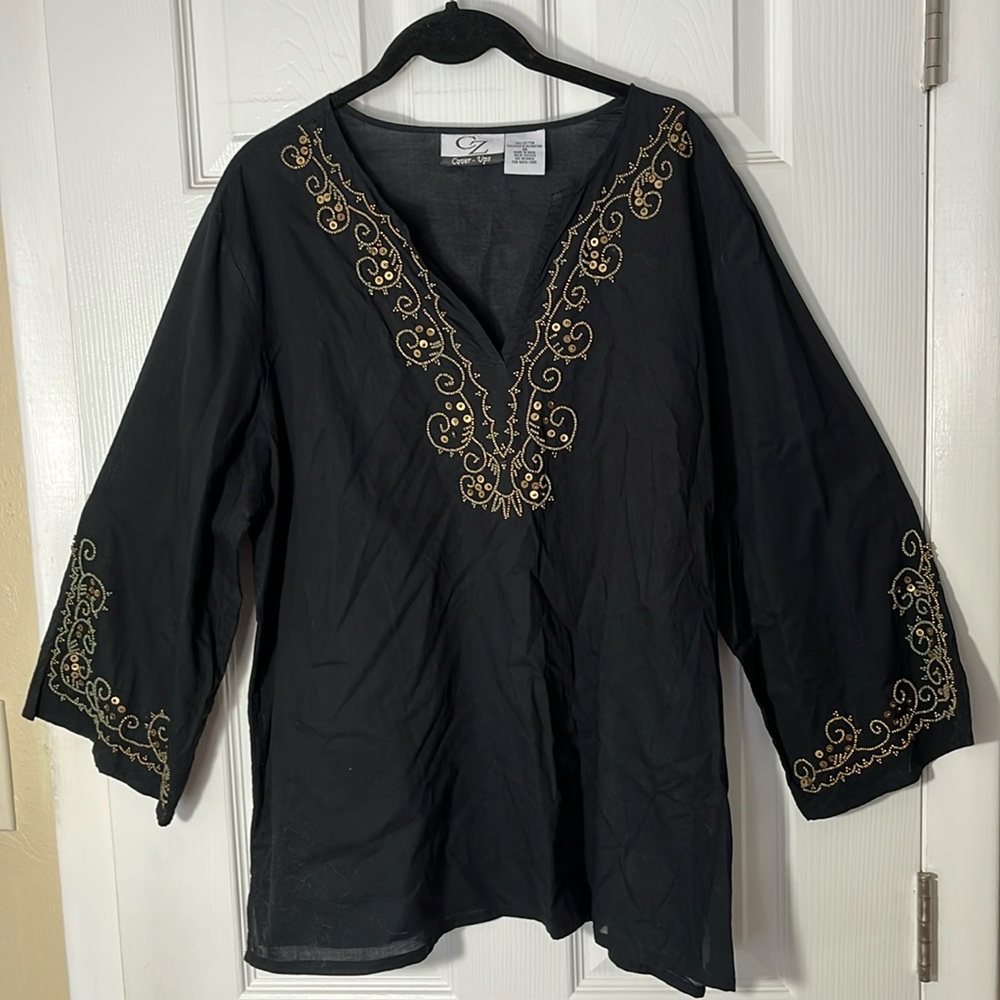 CZ Coverups cotton black embroidered gold seed beads v neck 3/4 sleeve beach 1X